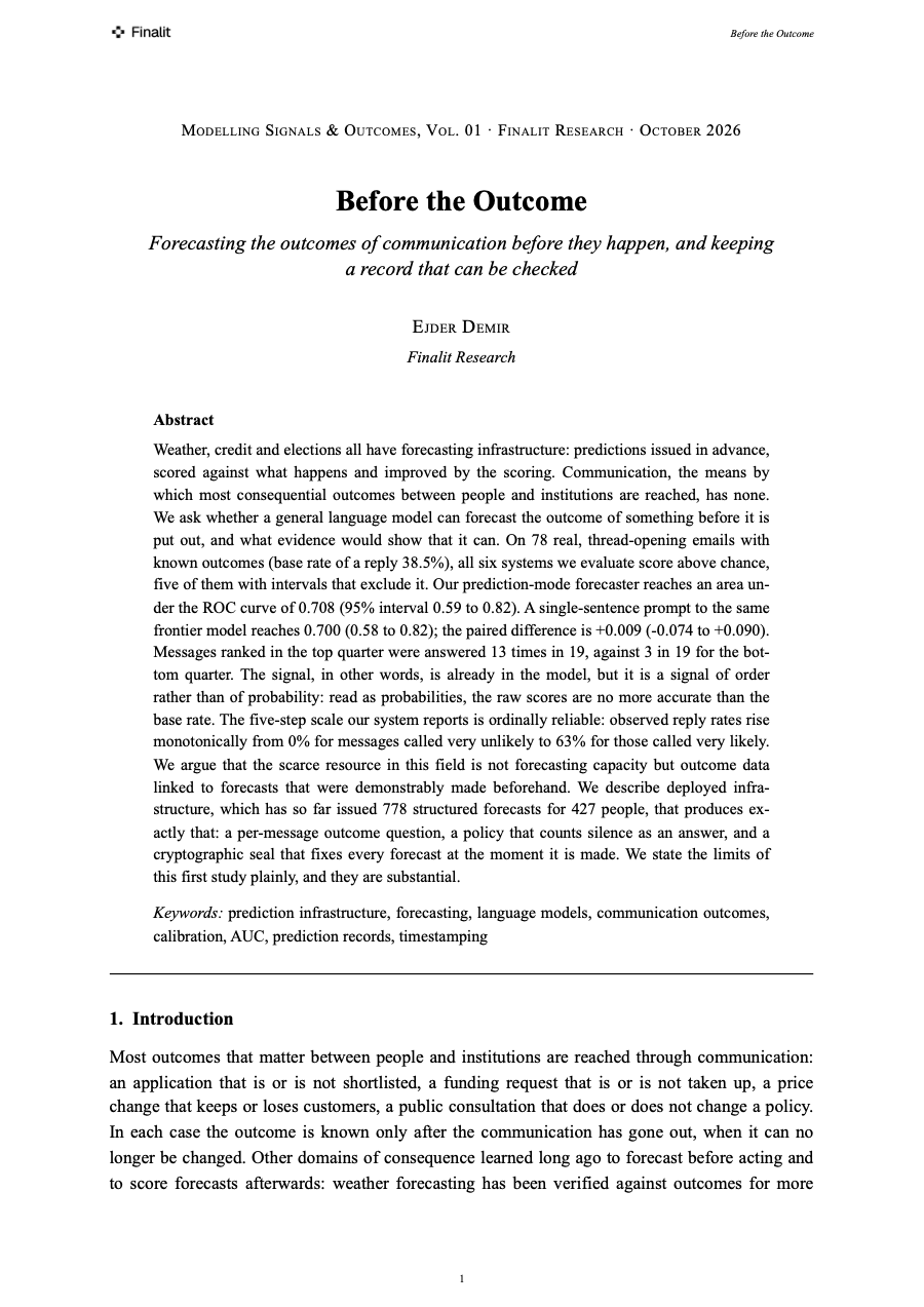 First page of Before the Outcome, Modelling Signals & Outcomes, Vol. 01